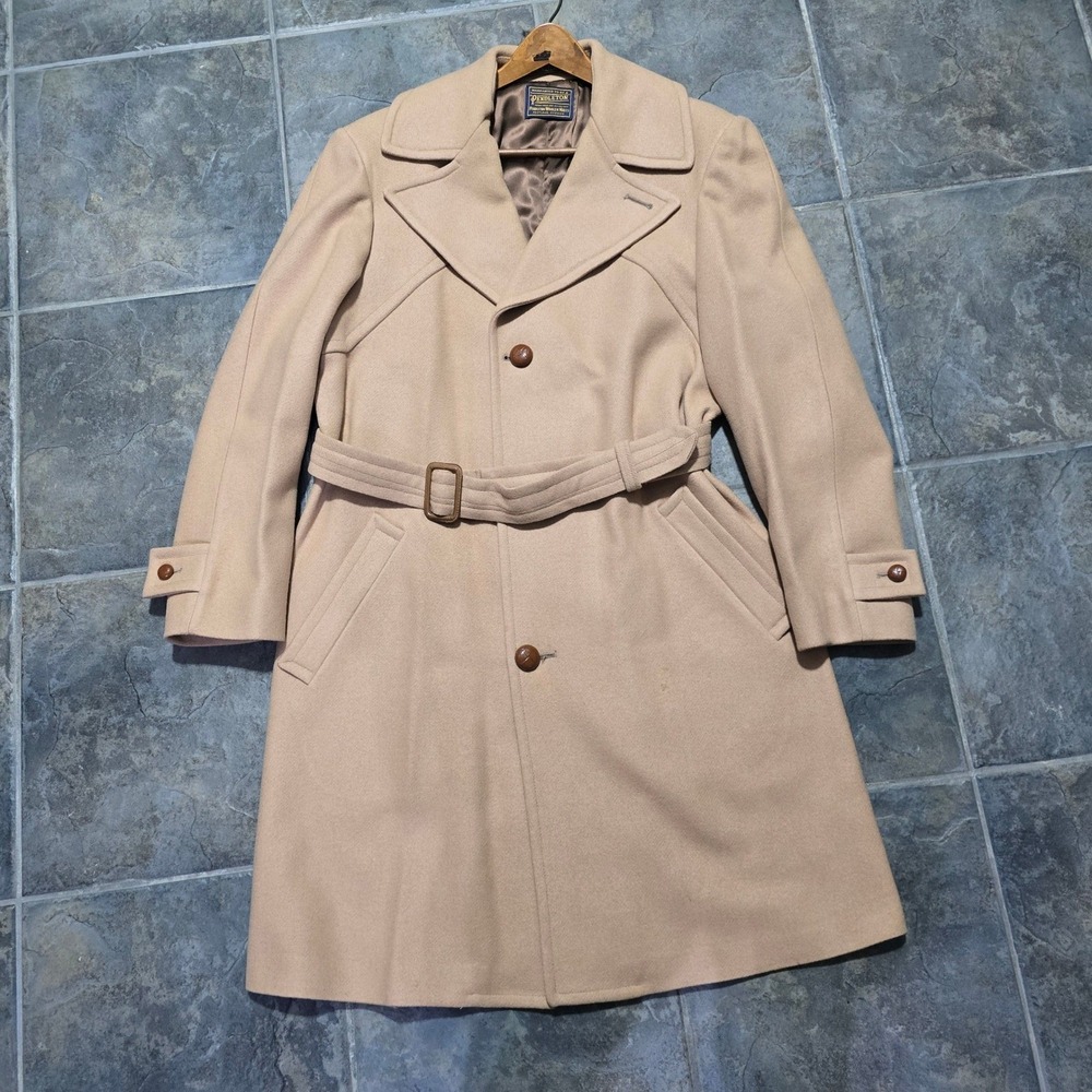 Pendleton Wool Trench Coat Men large Tan Belted Overcoat Vintage Leather Buttons